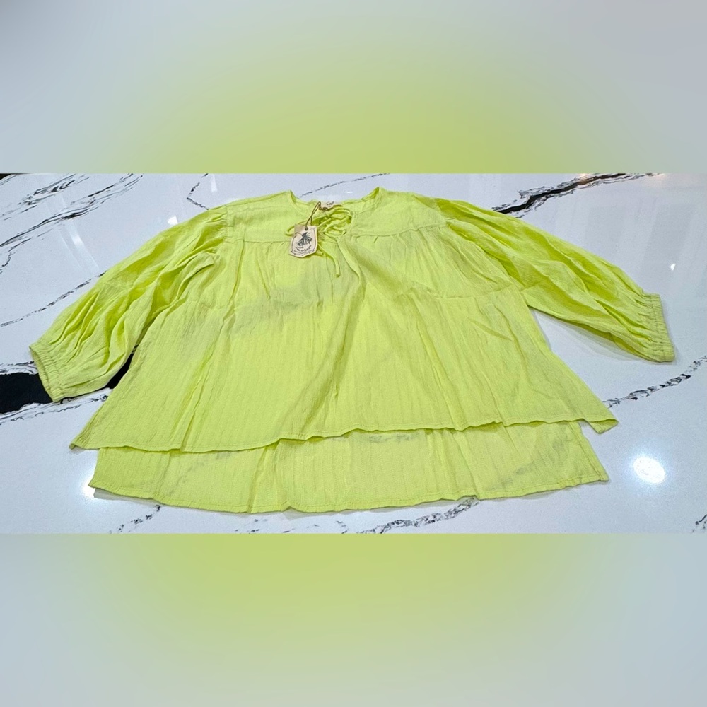 Easel Light Greenish Yellow Oversized Ruffled Bell Sleeve Boho Top SZ Small NWT